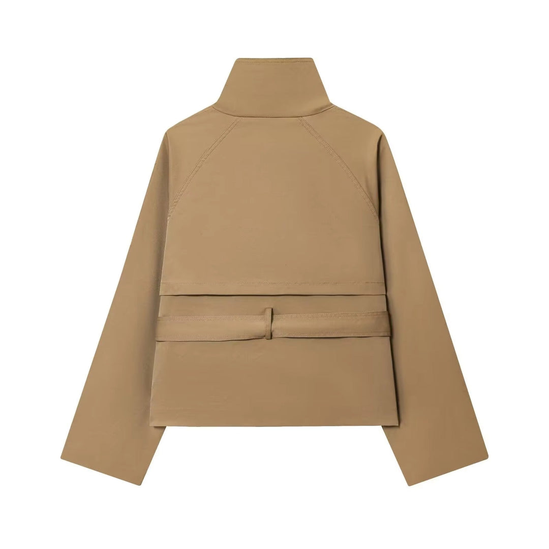 Sorvienne Tailored Belted High Neck Trench Jacket in Beige