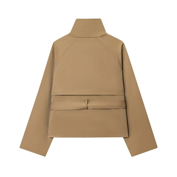 Sorvienne Tailored Belted High Neck Trench Jacket in Beige