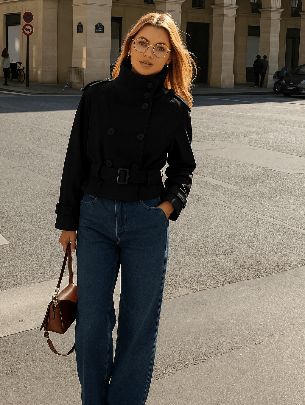 Sorvienne Tailored Belted High Neck Trench Jacket in Black