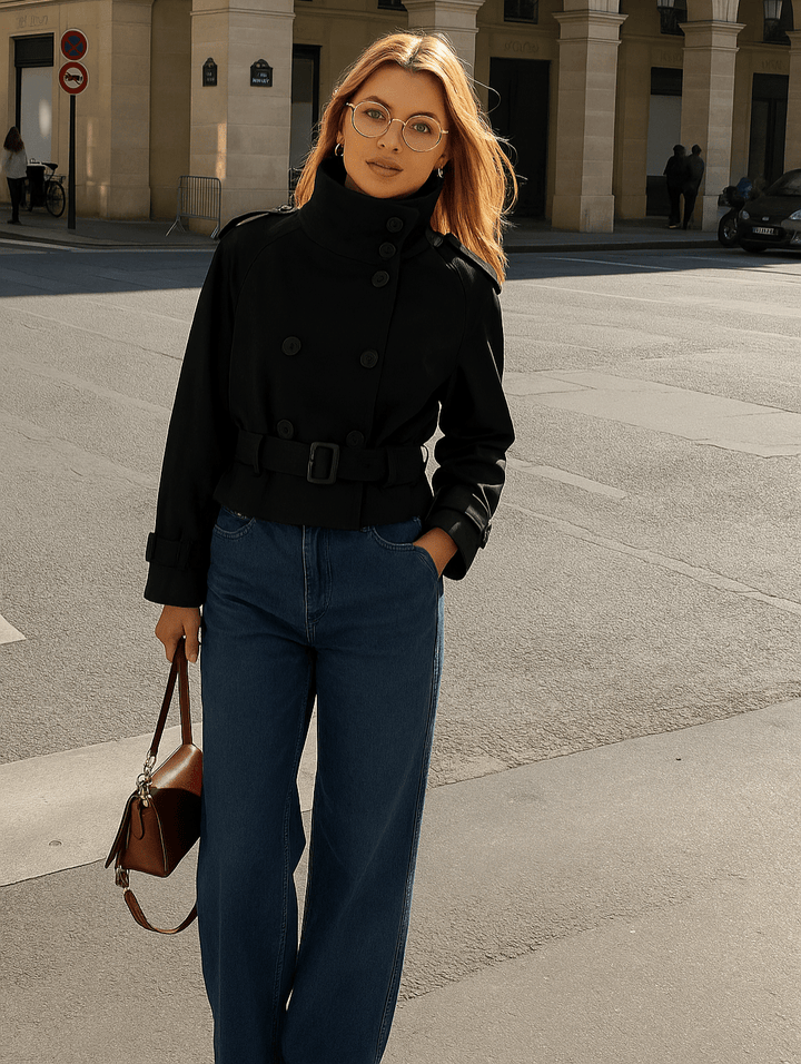 Sorvienne Tailored Belted High Neck Trench Jacket in Black