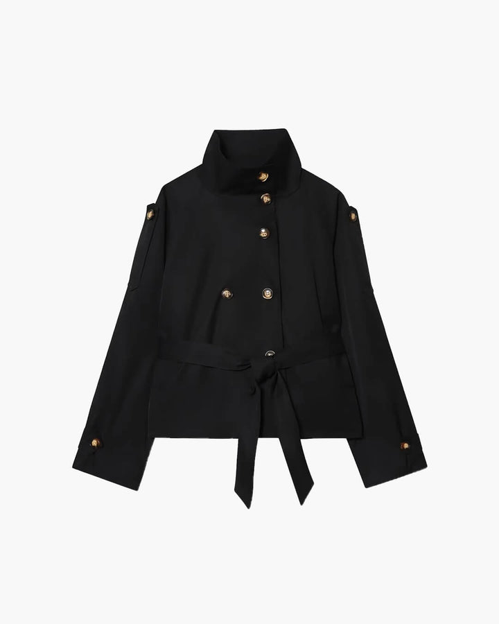 Sorvienne Tailored Belted High Neck Trench Jacket in Black