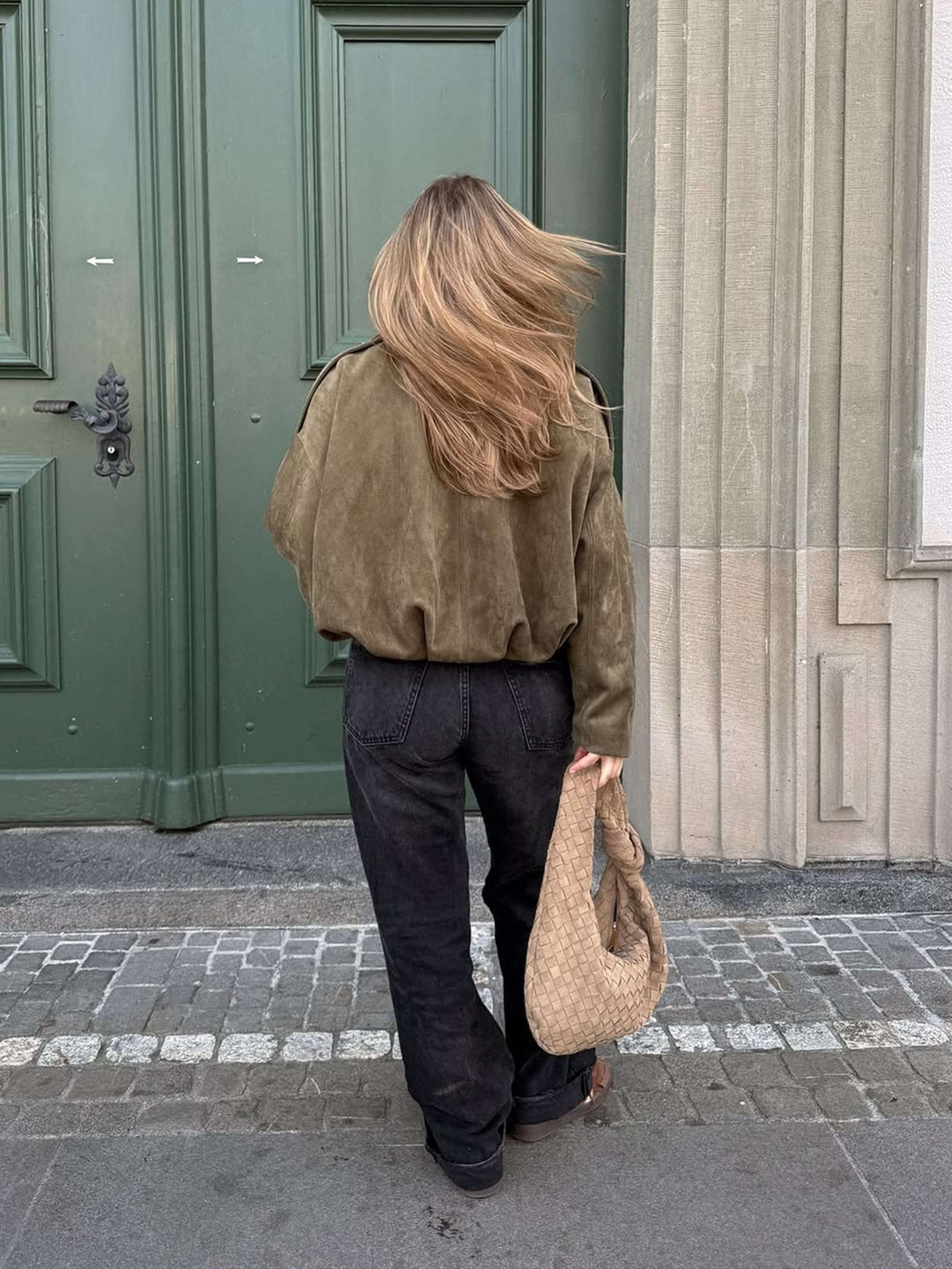 Sorvienne Oversized Faux Suede Bomber Jacket in Olive