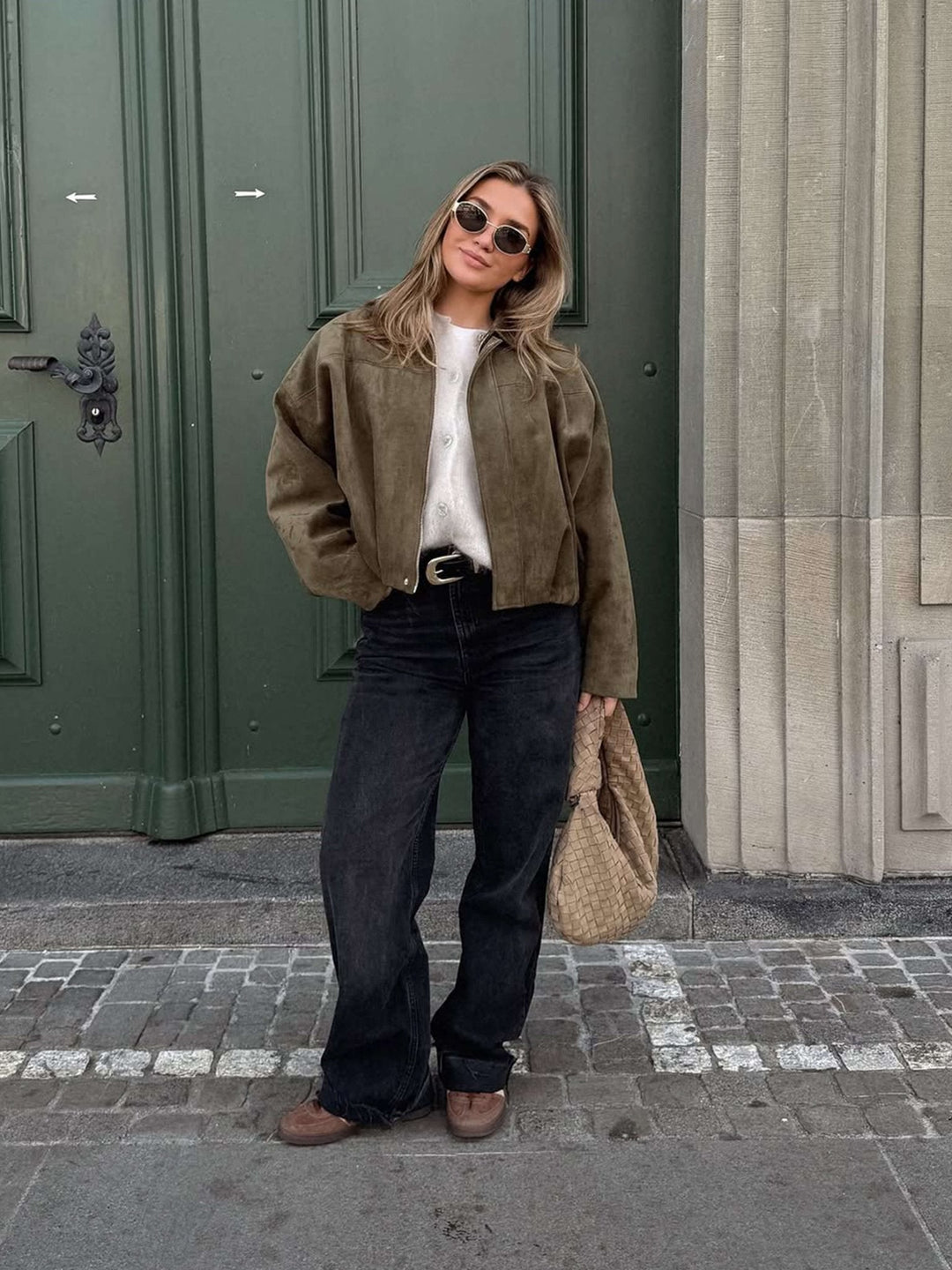 Sorvienne Oversized Faux Suede Bomber Jacket in Olive