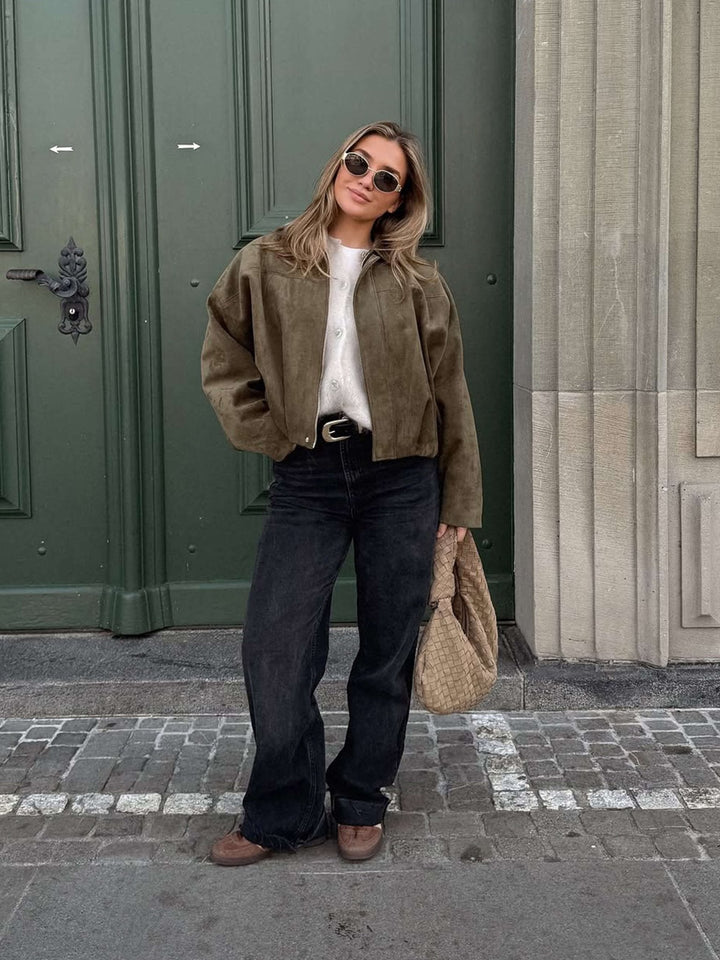 Sorvienne Oversized Faux Suede Bomber Jacket in Olive