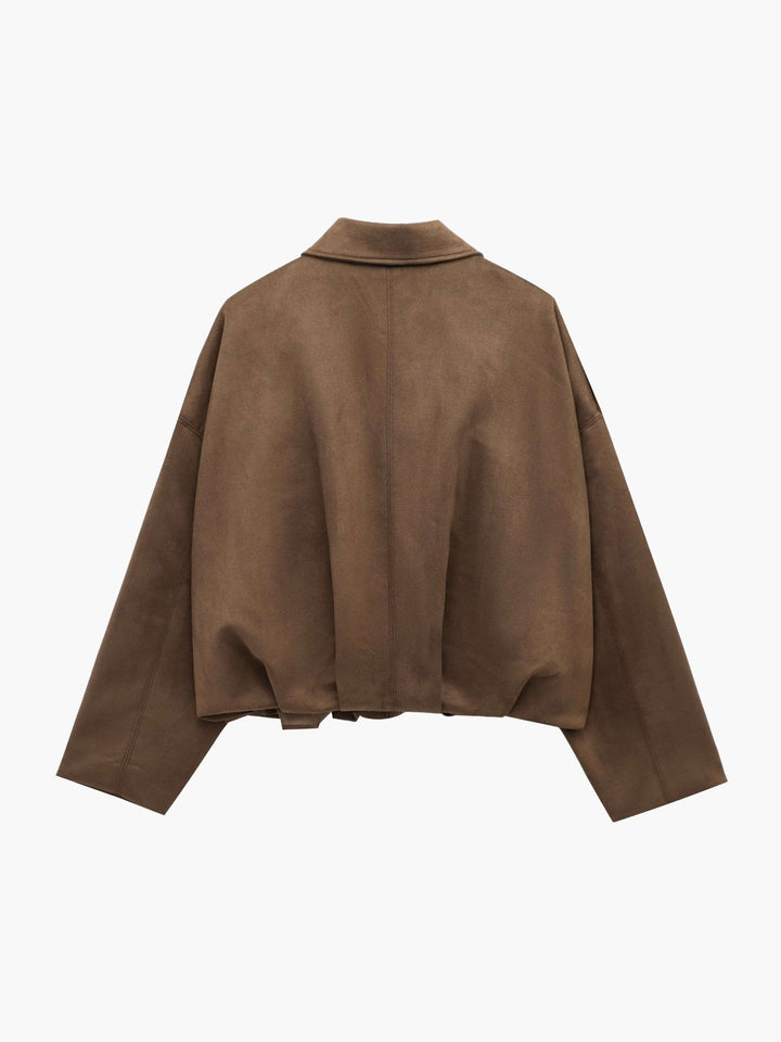 Sorvienne Oversized Faux Suede Bomber Jacket in Chocolate