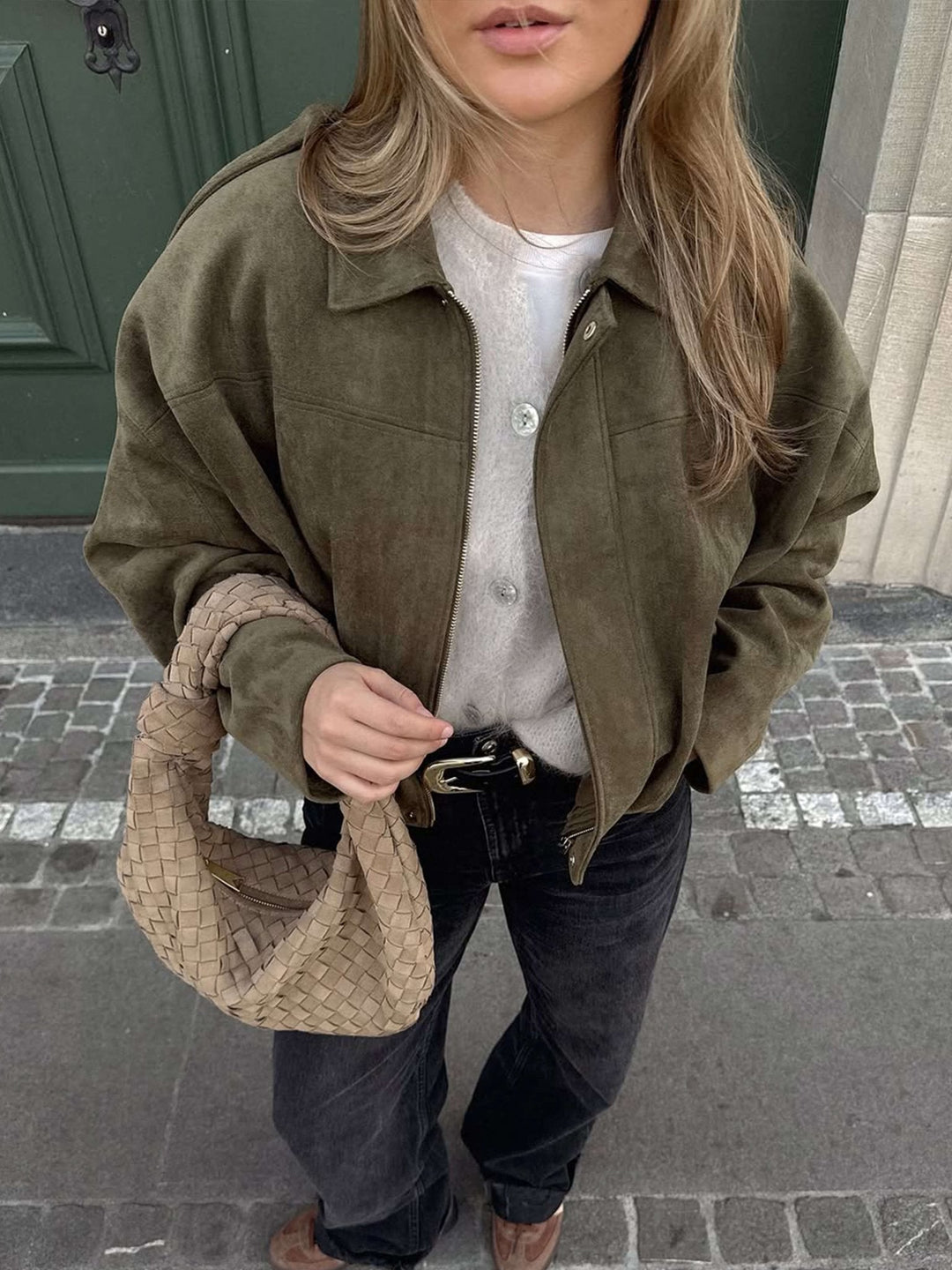 Sorvienne Oversized Faux Suede Bomber Jacket in Olive