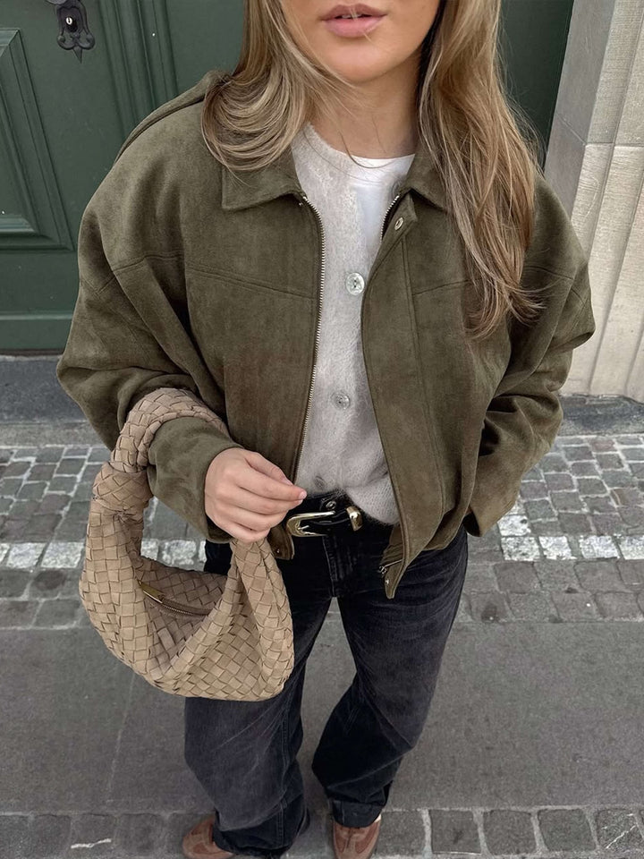 Sorvienne Oversized Faux Suede Bomber Jacket in Olive