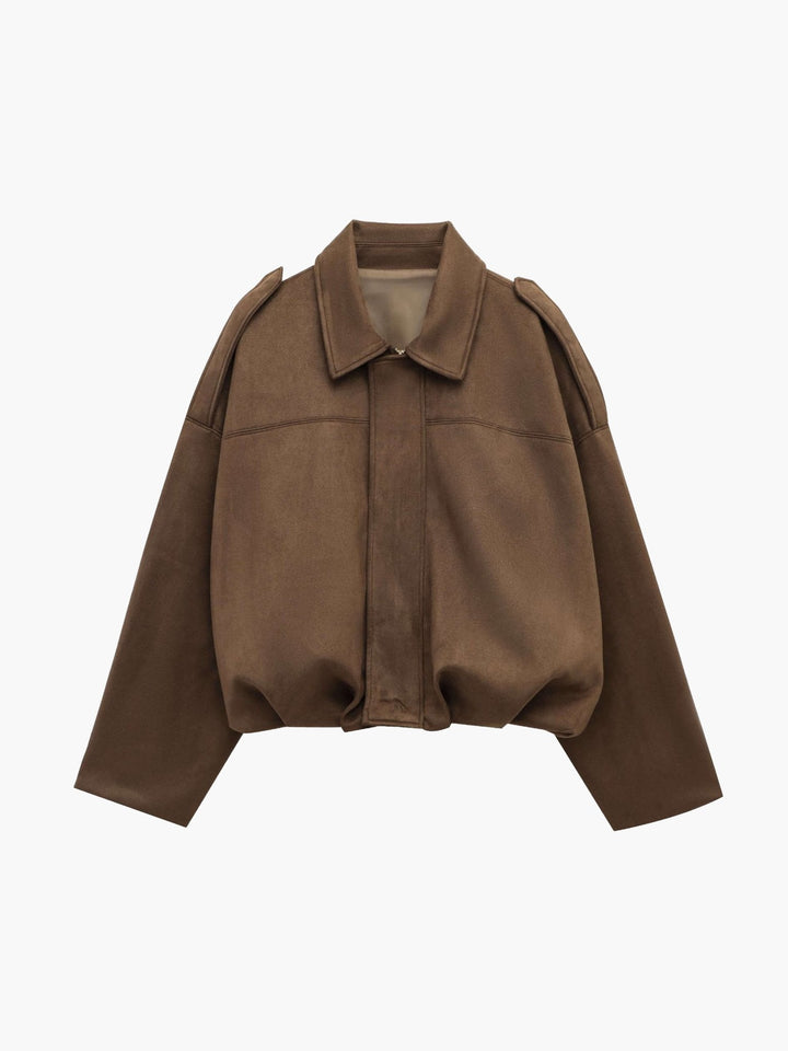 Sorvienne Oversized Faux Suede Bomber Jacket in Brown