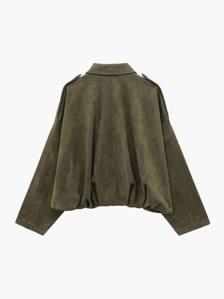 Sorvienne Oversized Faux Suede Bomber Jacket in Olive