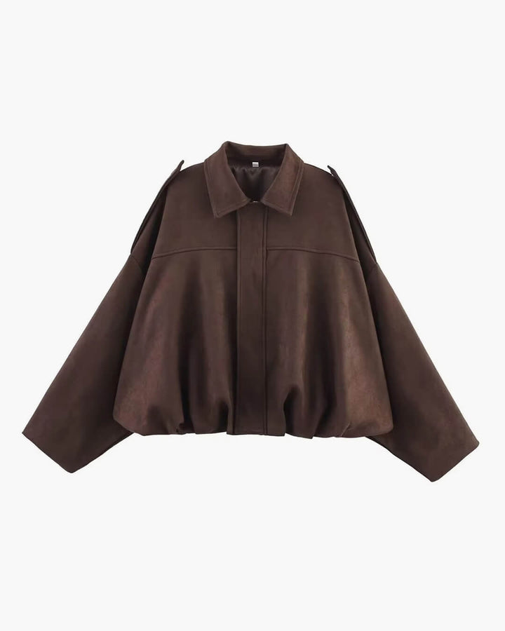 Sorvienne Oversized Faux Suede Bomber Jacket in Chocolate