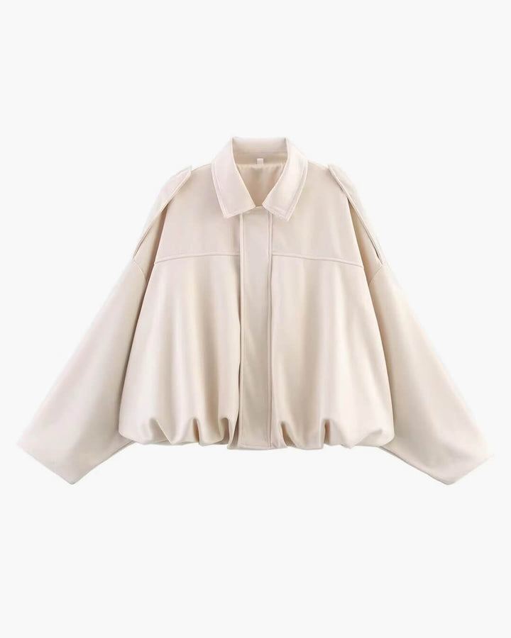 Sorvienne Oversized Faux Suede Bomber Jacket in Cream