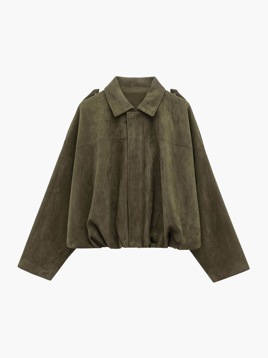 Sorvienne Oversized Faux Suede Bomber Jacket in Olive