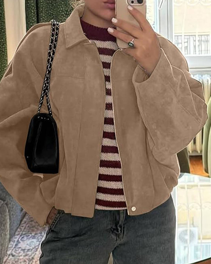 Sorvienne Oversized Faux Suede Bomber Jacket in Sand