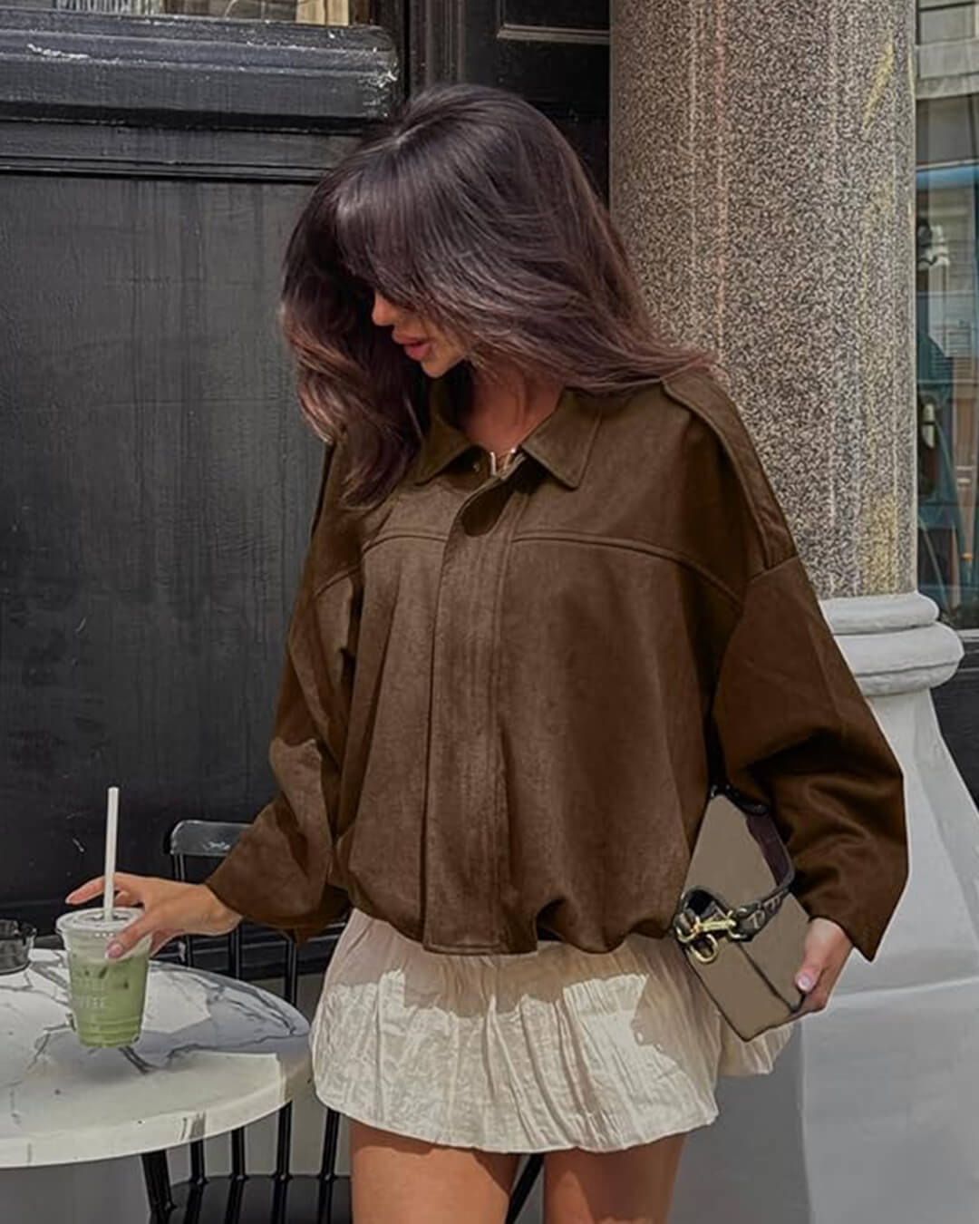 Sorvienne Oversized Faux Suede Bomber Jacket in Chocolate