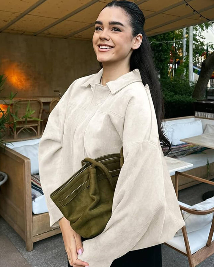 Sorvienne Oversized Faux Suede Bomber Jacket in Cream