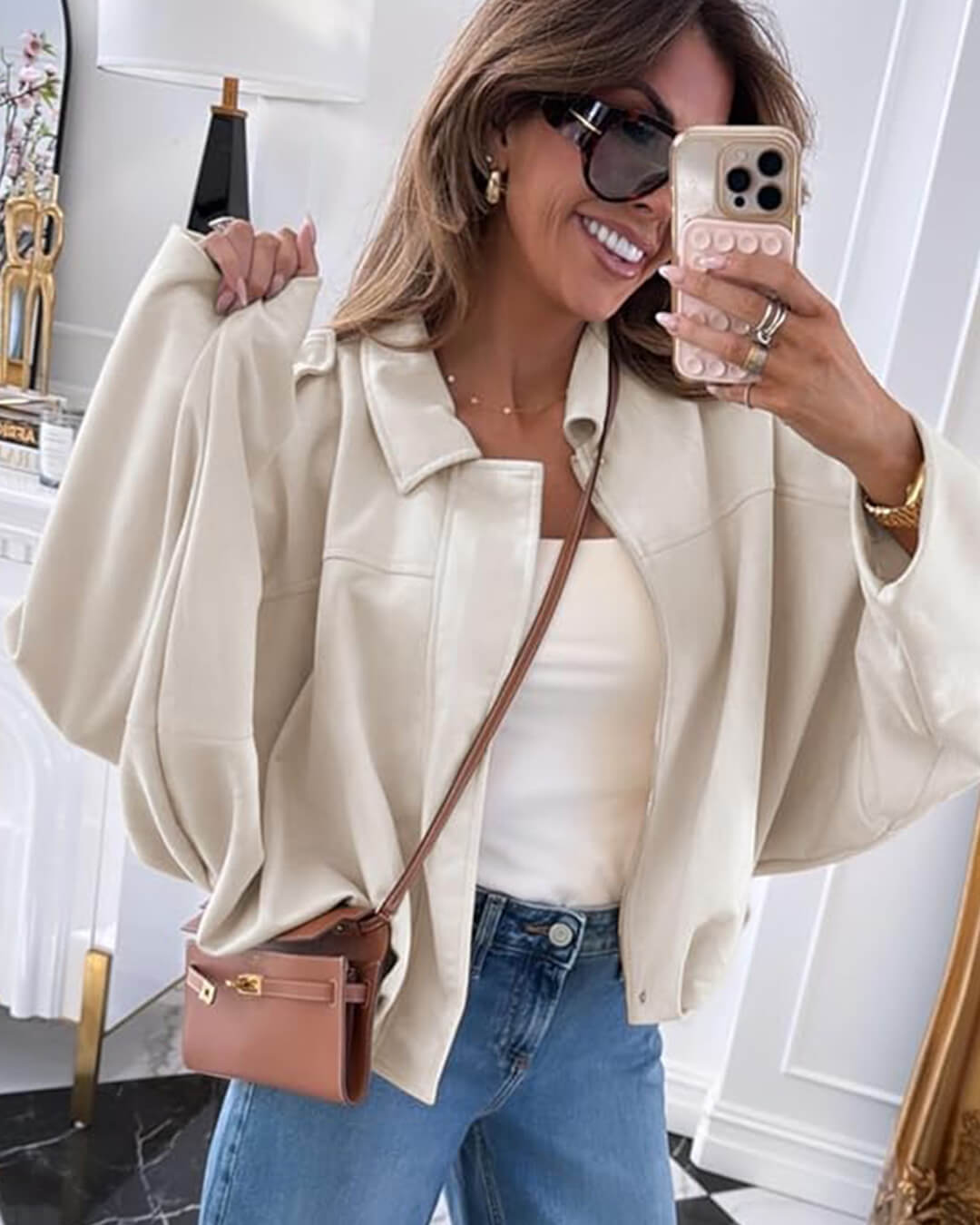 Sorvienne Oversized Faux Suede Bomber Jacket in Cream