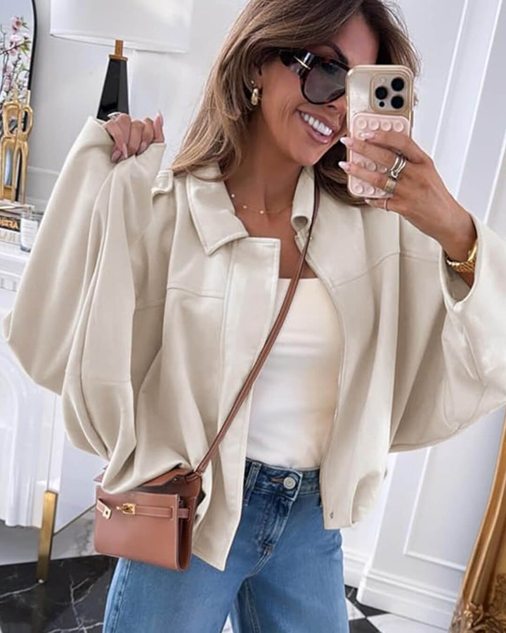 Sorvienne Oversized Faux Suede Bomber Jacket in Cream