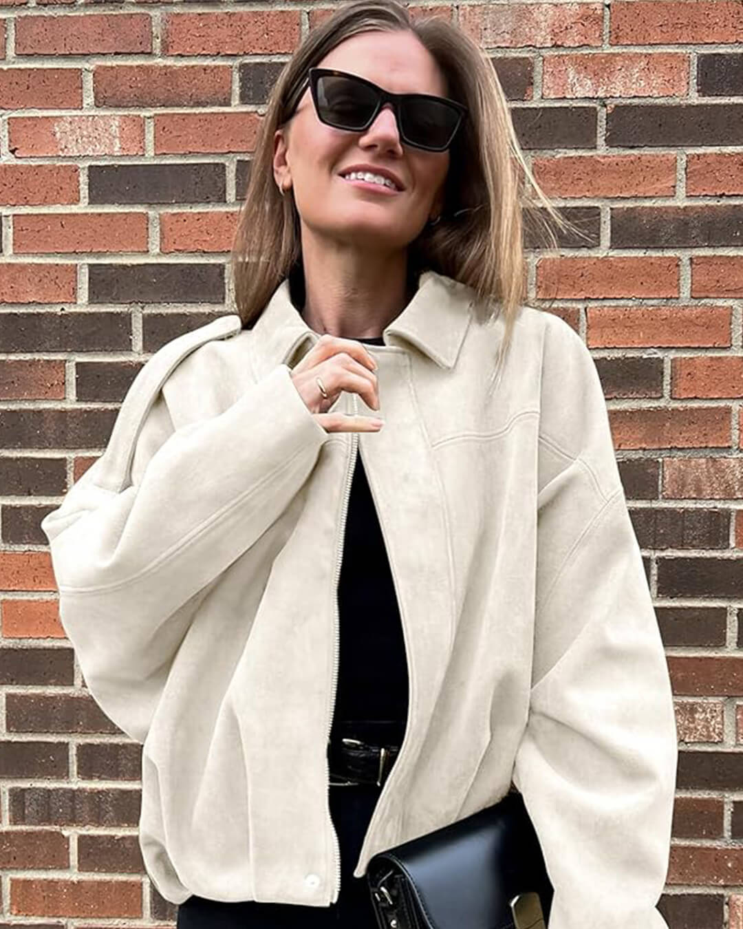 Sorvienne Oversized Faux Suede Bomber Jacket in Cream