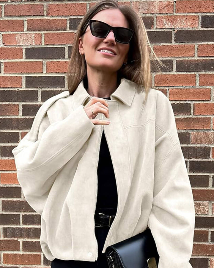 Sorvienne Oversized Faux Suede Bomber Jacket in Cream