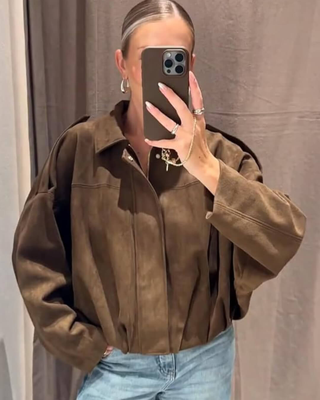 Sorvienne Oversized Faux Suede Bomber Jacket in Brown