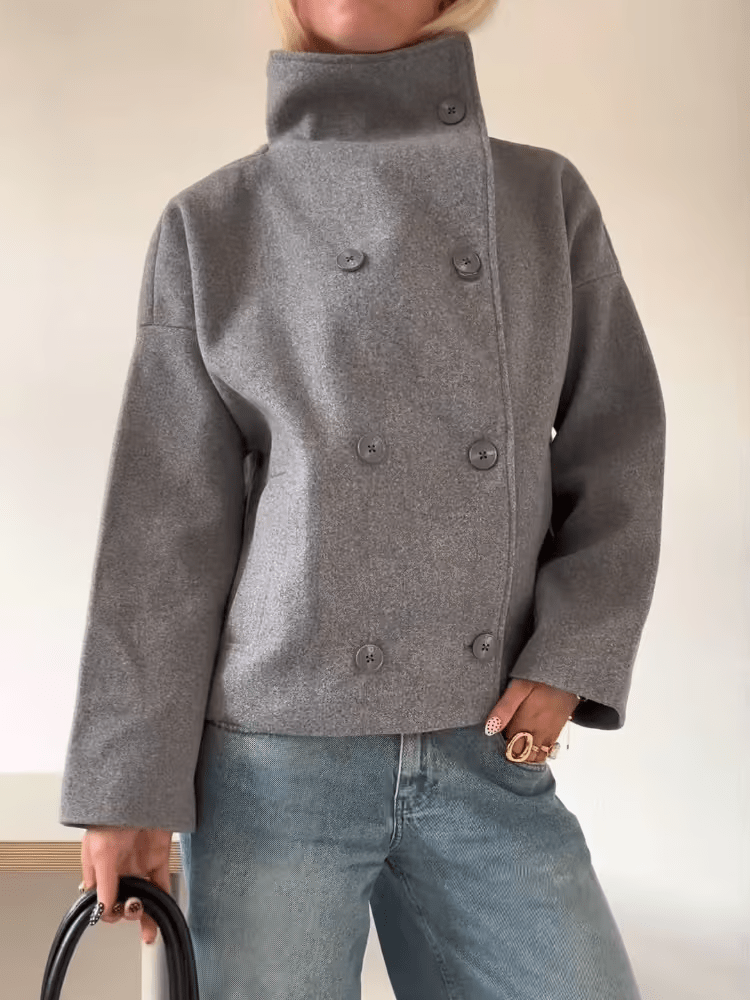 Sorvienne Relaxed Double Breasted Stand Collar Jacket in Grey