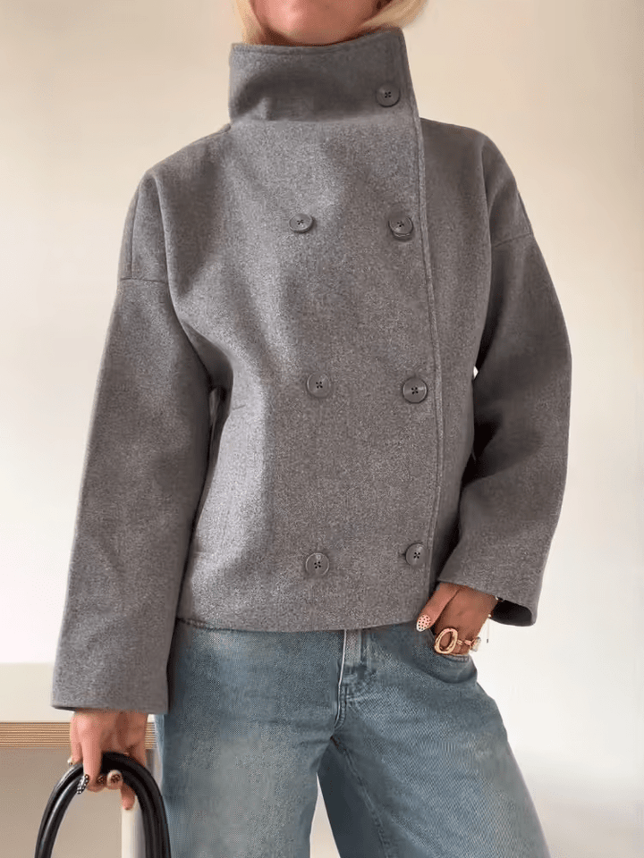 Sorvienne Relaxed Double Breasted Stand Collar Jacket in Grey