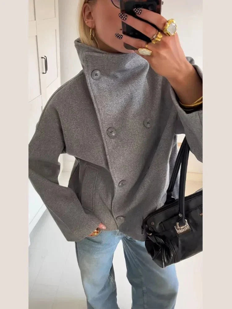 Sorvienne Relaxed Double Breasted Stand Collar Jacket in Grey
