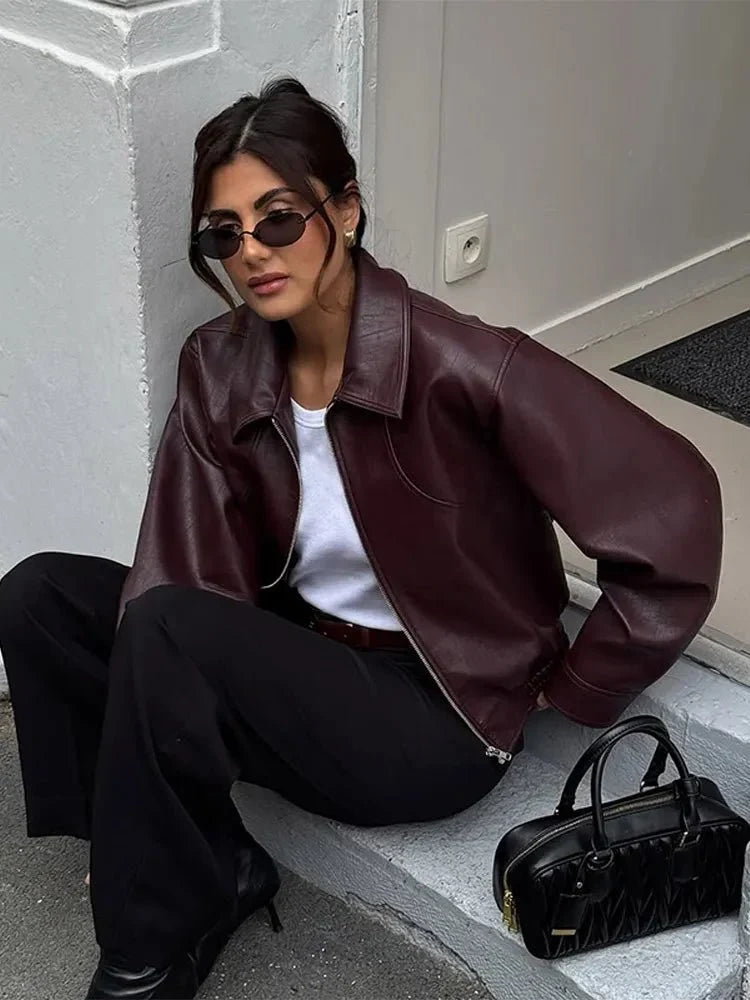 Sorvienne Cropped Collared Leather Look Jacket