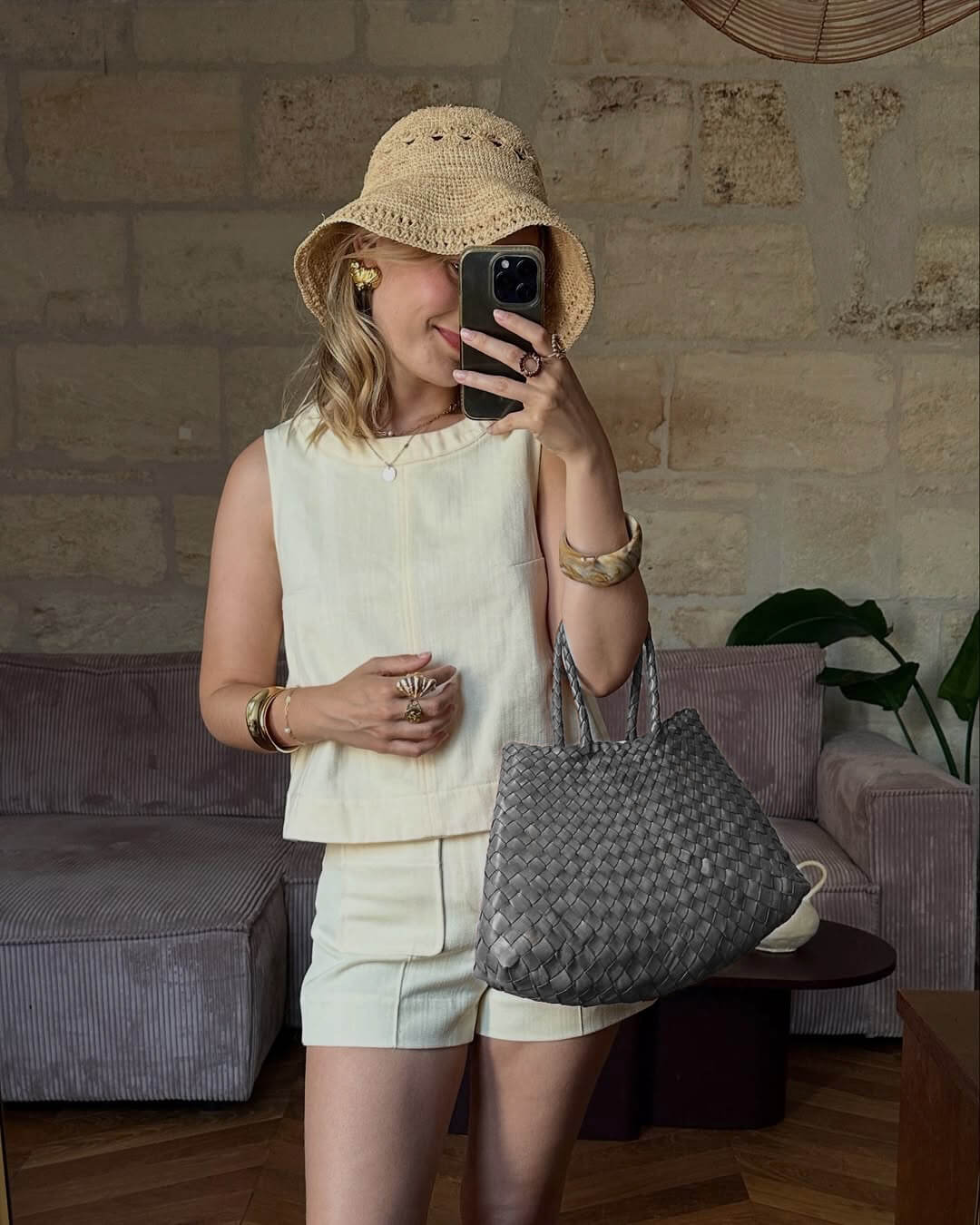 Sorvienne Structured Crescent Woven Handbag in Charcoal