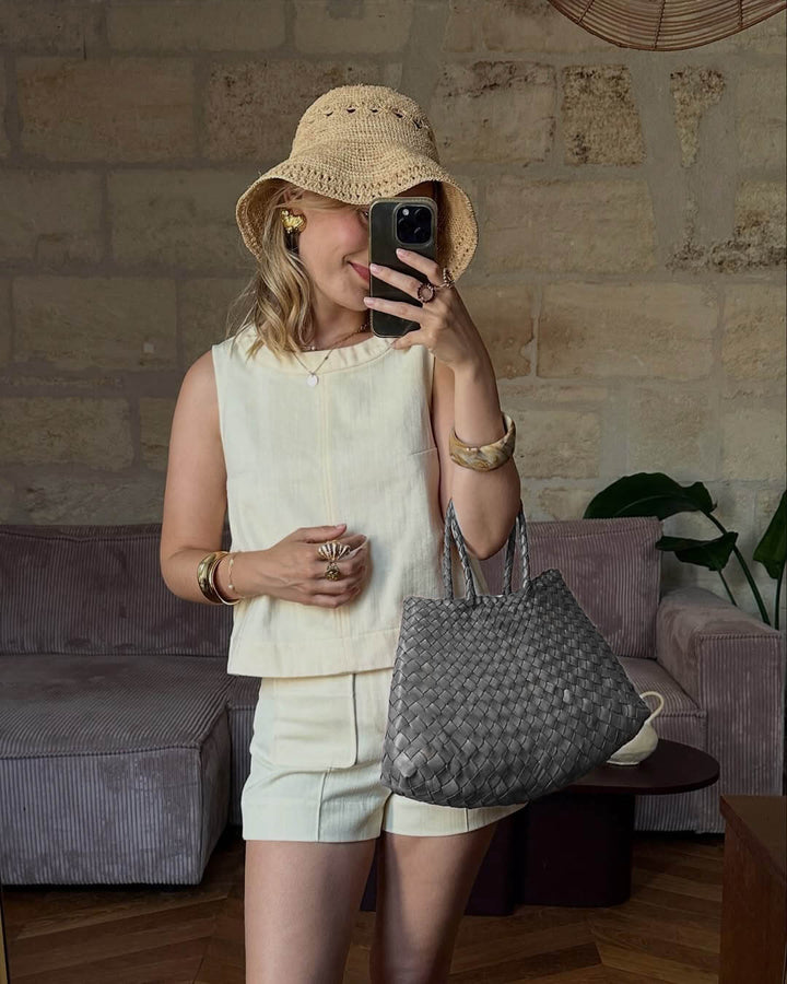 Sorvienne Structured Crescent Woven Handbag in Charcoal