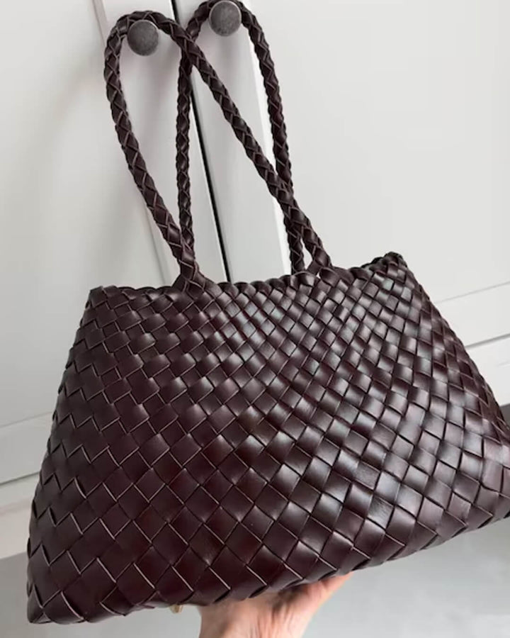 Sorvienne Structured Crescent Woven Handbag in Chocolate