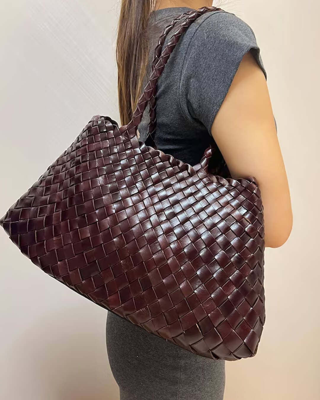 Sorvienne Structured Crescent Woven Handbag in Chocolate