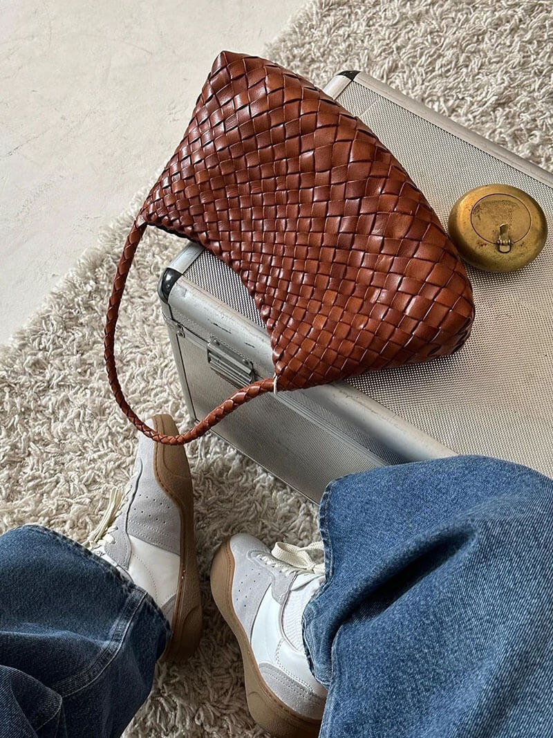 Sorvienne Compact Crescent Woven Shoulder Bag in Tan