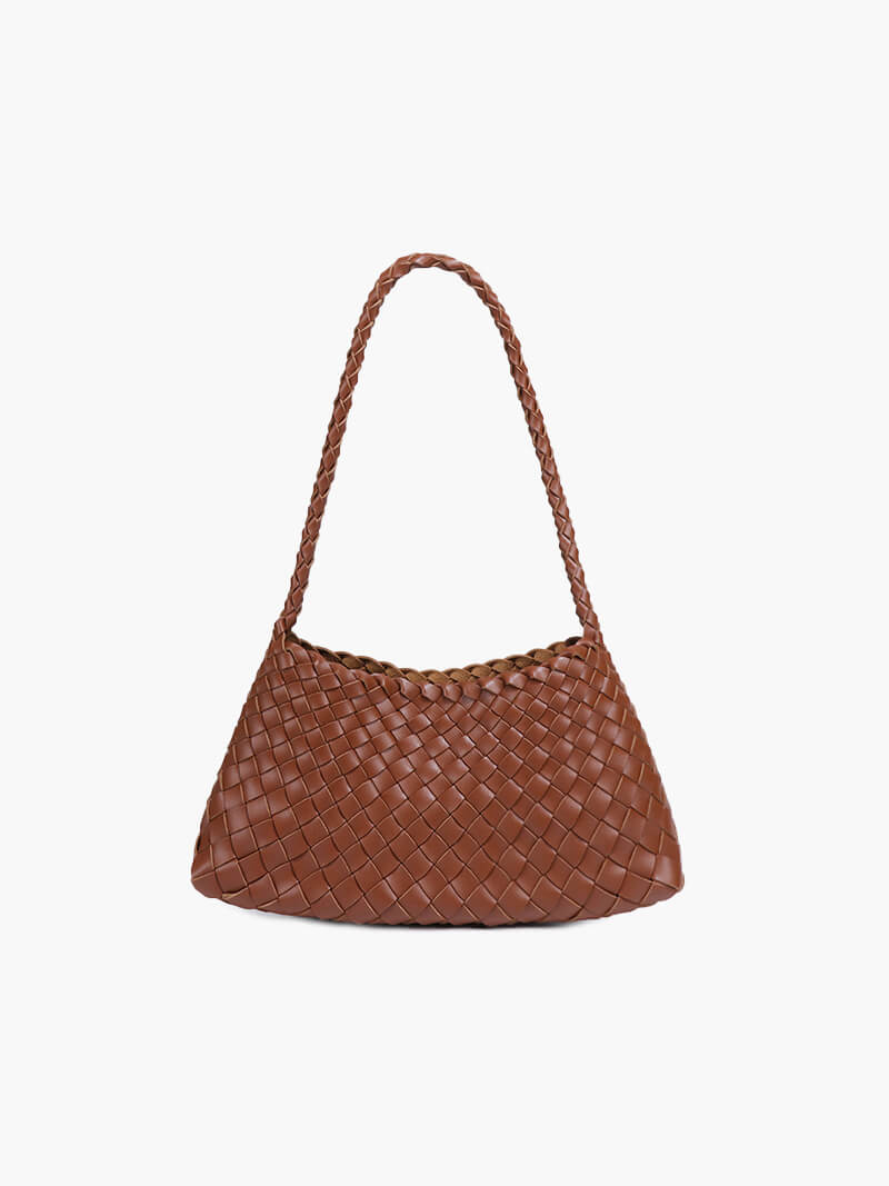 Sorvienne Compact Crescent Woven Shoulder Bag in Tan