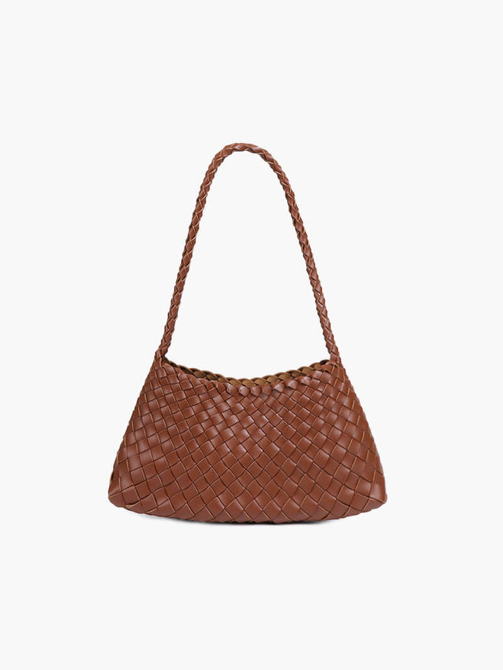Sorvienne Compact Crescent Woven Shoulder Bag in Tan