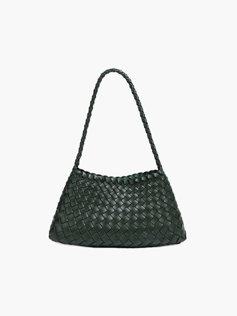 Sorvienne Compact Crescent Woven Shoulder Bag in Dark Green