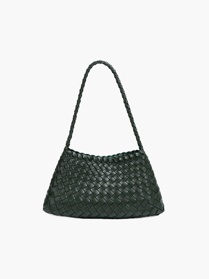 Sorvienne Compact Crescent Woven Shoulder Bag in Dark Green