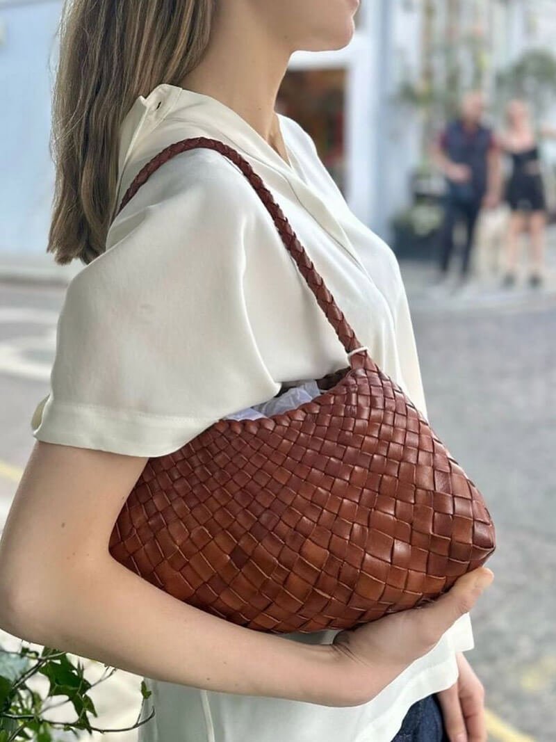Sorvienne Compact Crescent Woven Shoulder Bag in Tan