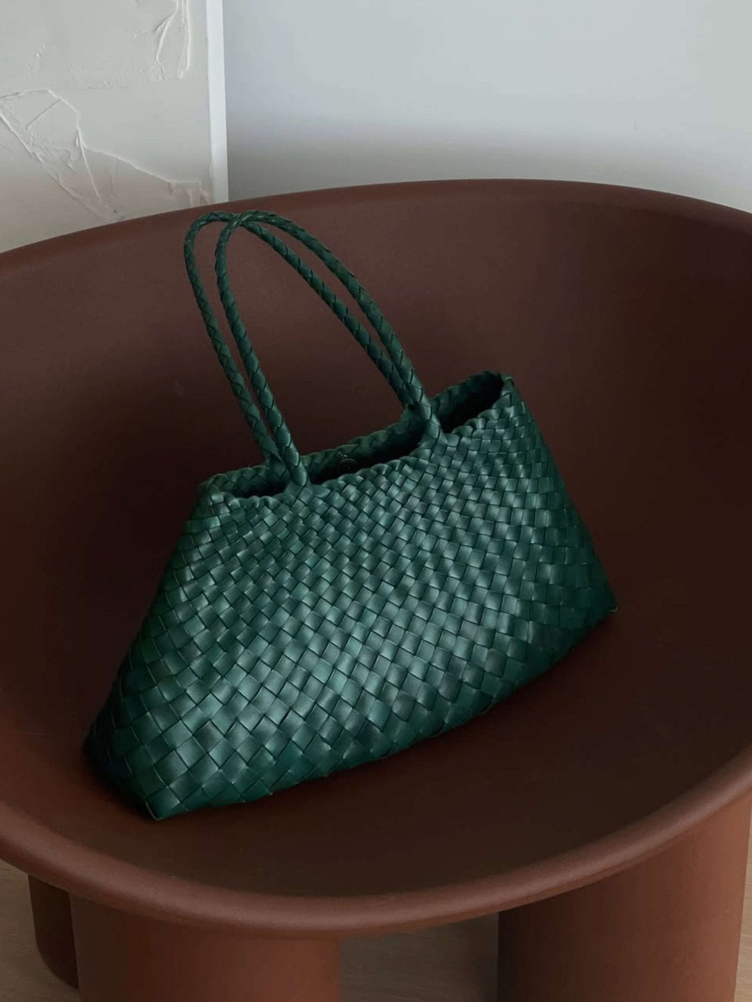 Sorvienne Compact Crescent Woven Shoulder Bag in Dark Green