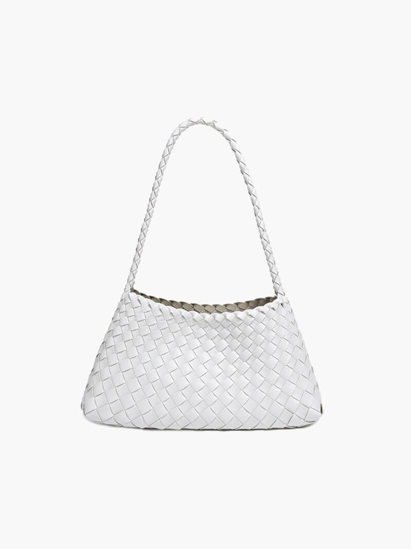 Sorvienne Compact Crescent Woven Shoulder Bag in White