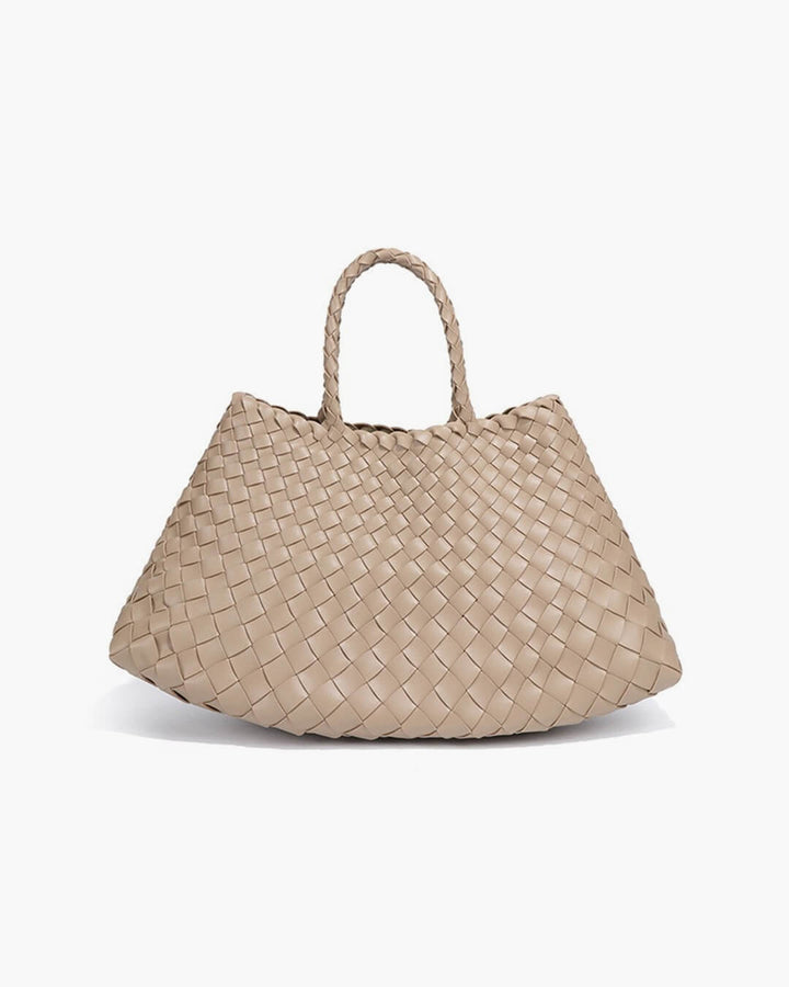 Sorvienne Structured Crescent Woven Handbag in Beige