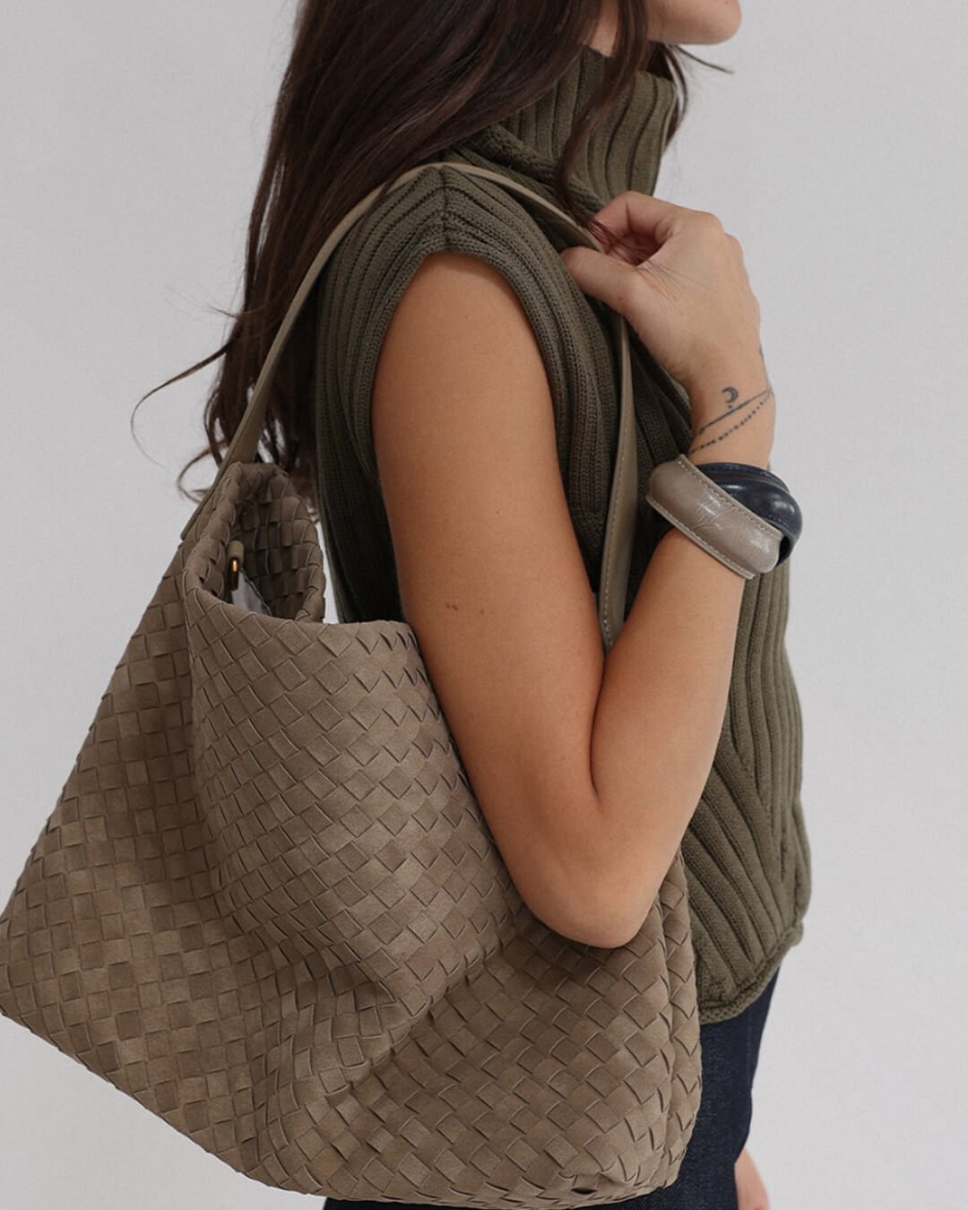 Sorvienne Slouchy Faux Suede Woven Hobo Bag in Taupe
