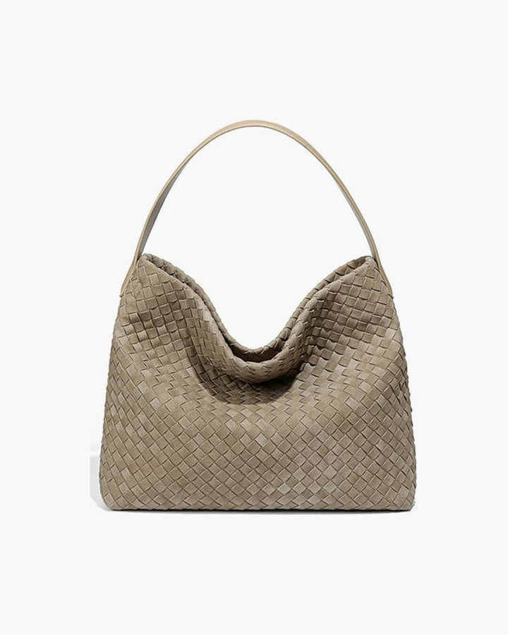 Sorvienne Slouchy Faux Suede Woven Hobo Bag in Taupe