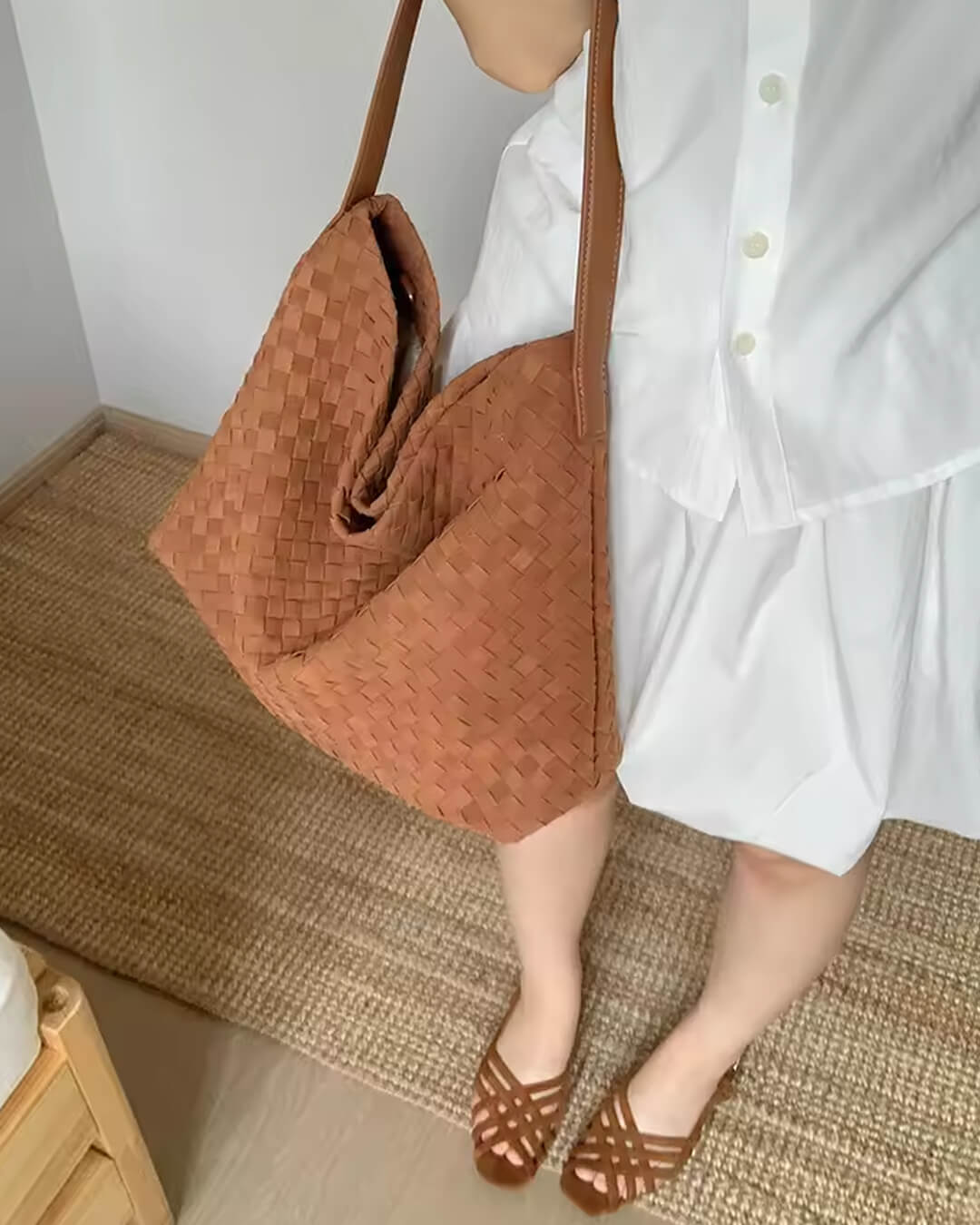 Sorvienne Slouchy Faux Suede Woven Hobo Bag in Tan