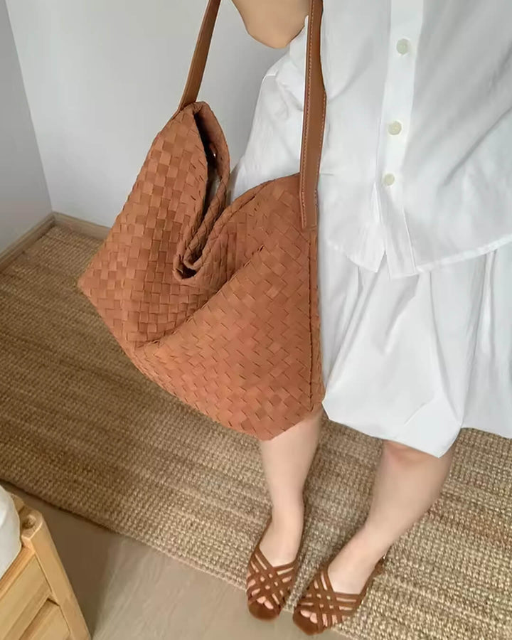Sorvienne Slouchy Faux Suede Woven Hobo Bag in Tan