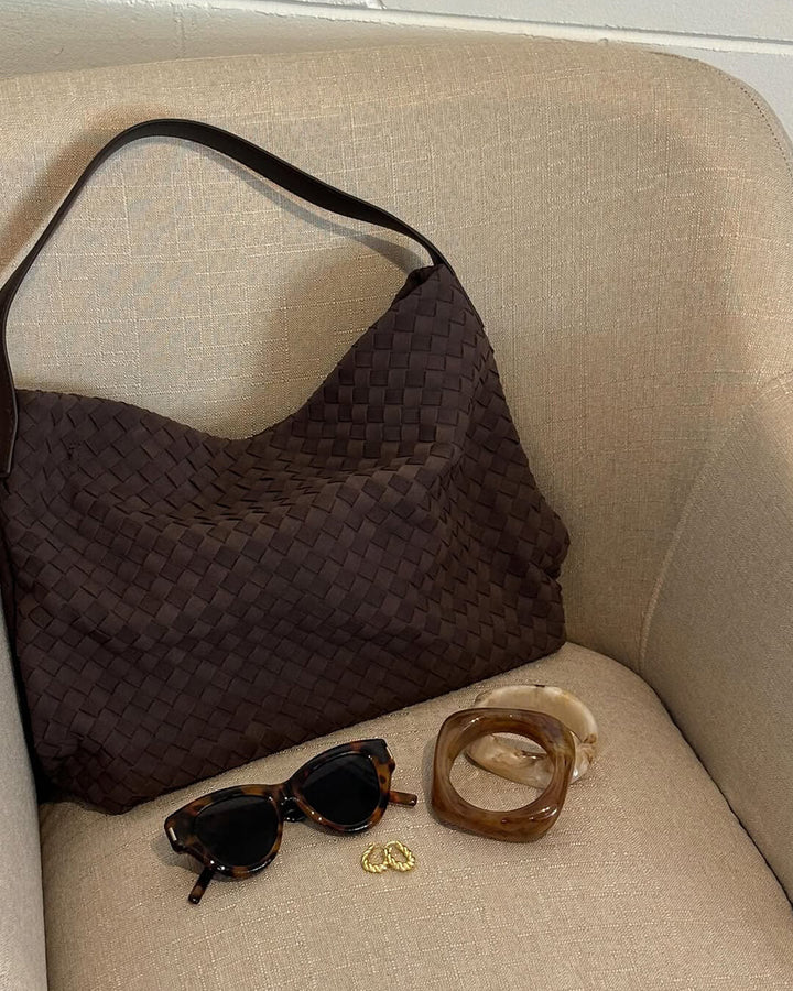 Sorvienne Slouchy Faux Suede Woven Hobo Bag in Chocolate