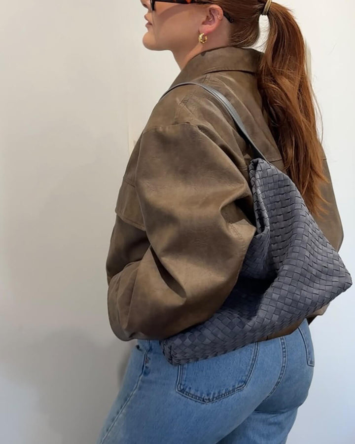 Sorvienne Slouchy Faux Suede Woven Hobo Bag in Denim Blue