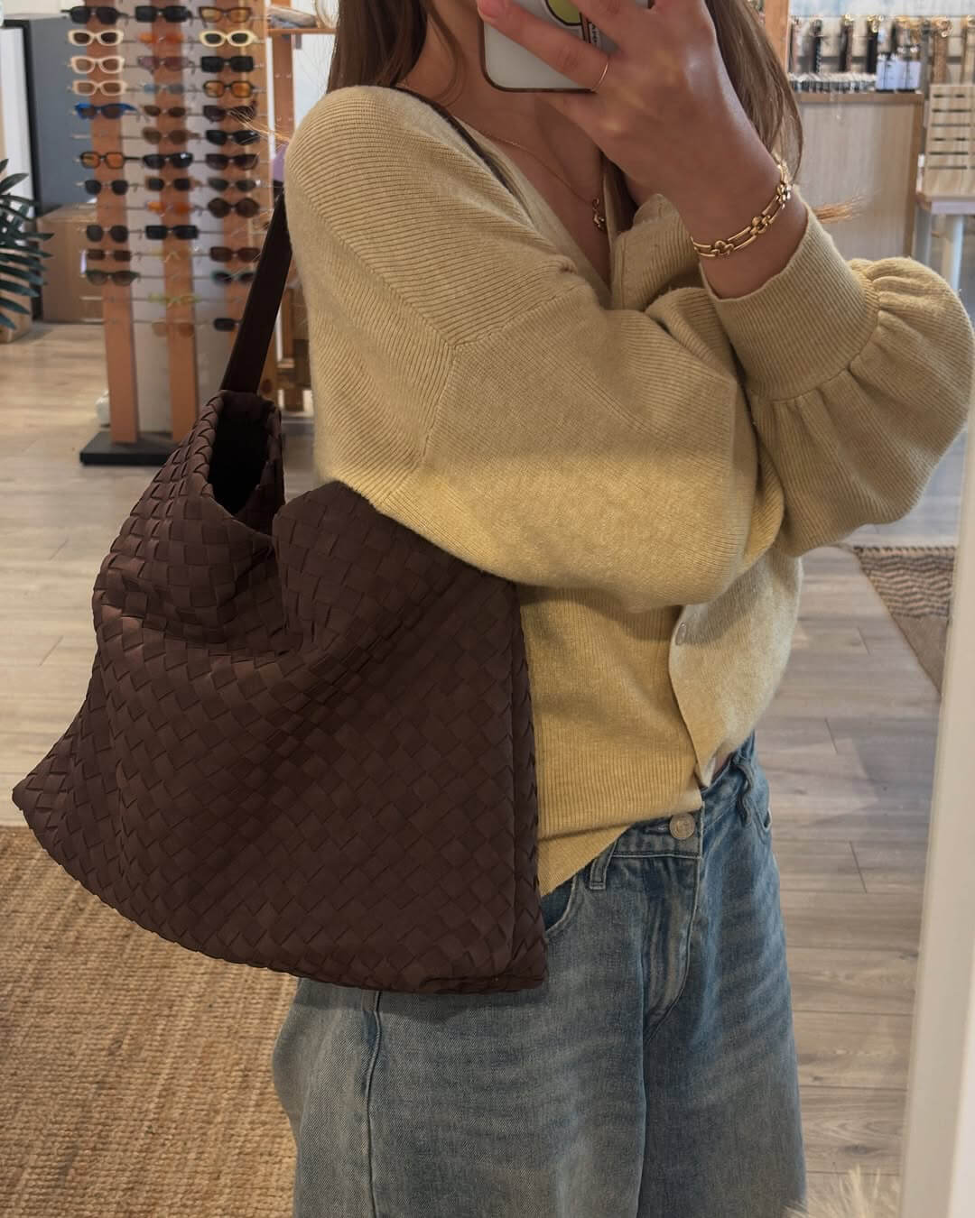 Sorvienne Slouchy Faux Suede Woven Hobo Bag in Chocolate