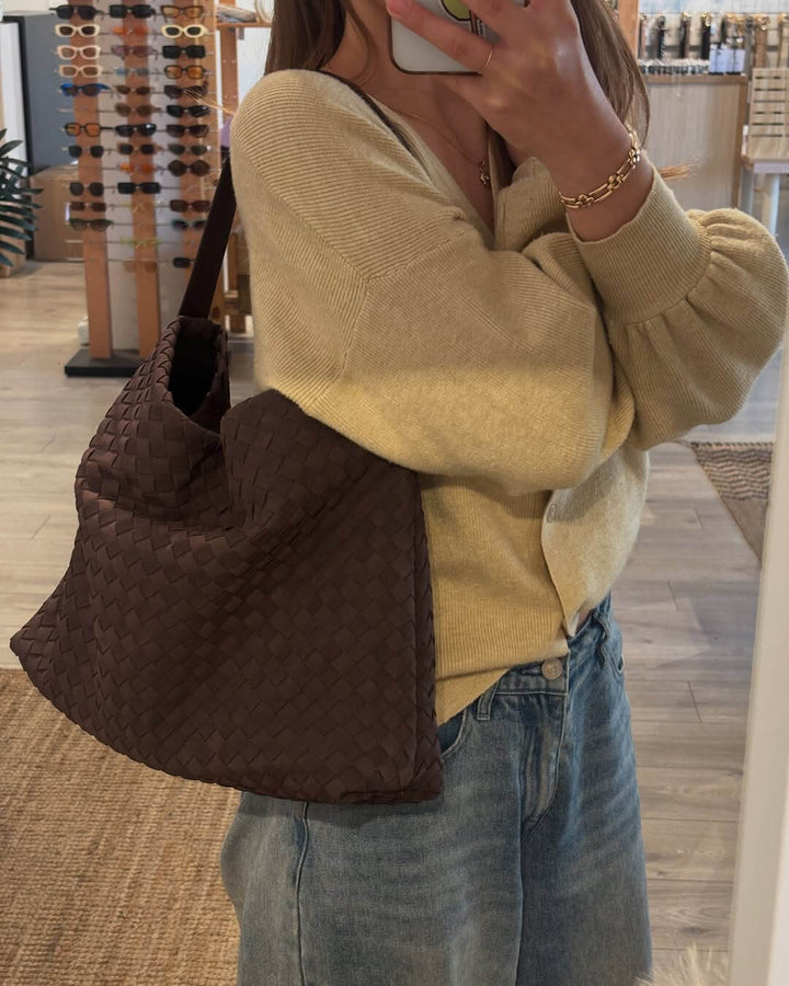 Sorvienne Slouchy Faux Suede Woven Hobo Bag in Chocolate