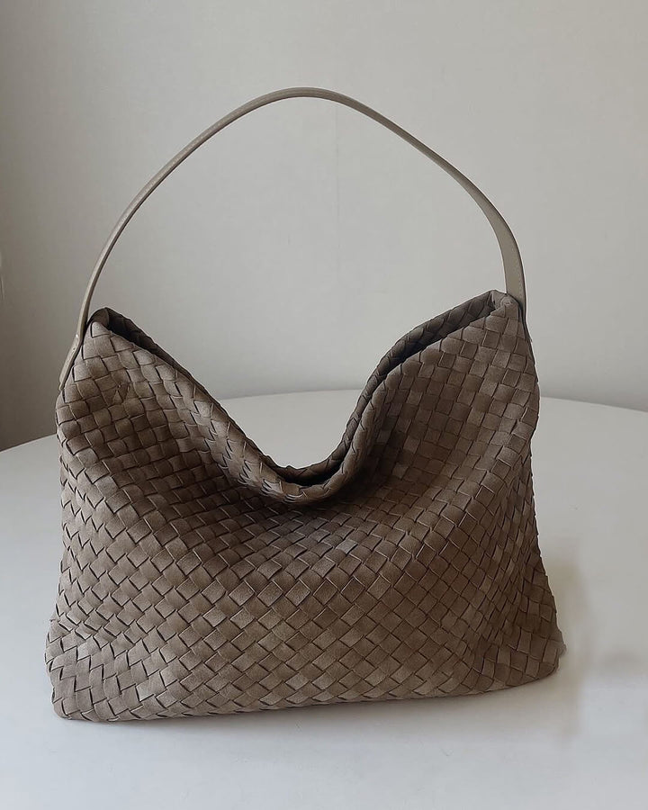 Sorvienne Slouchy Faux Suede Woven Hobo Bag in Taupe